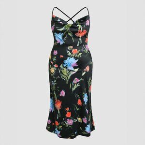 cider // black satin cowl neck floral tie back mermaid midi dress plus 1xl